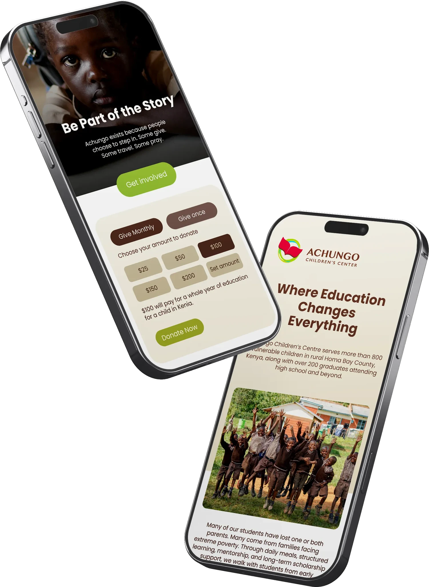 Achungo donation and home screens on two phones